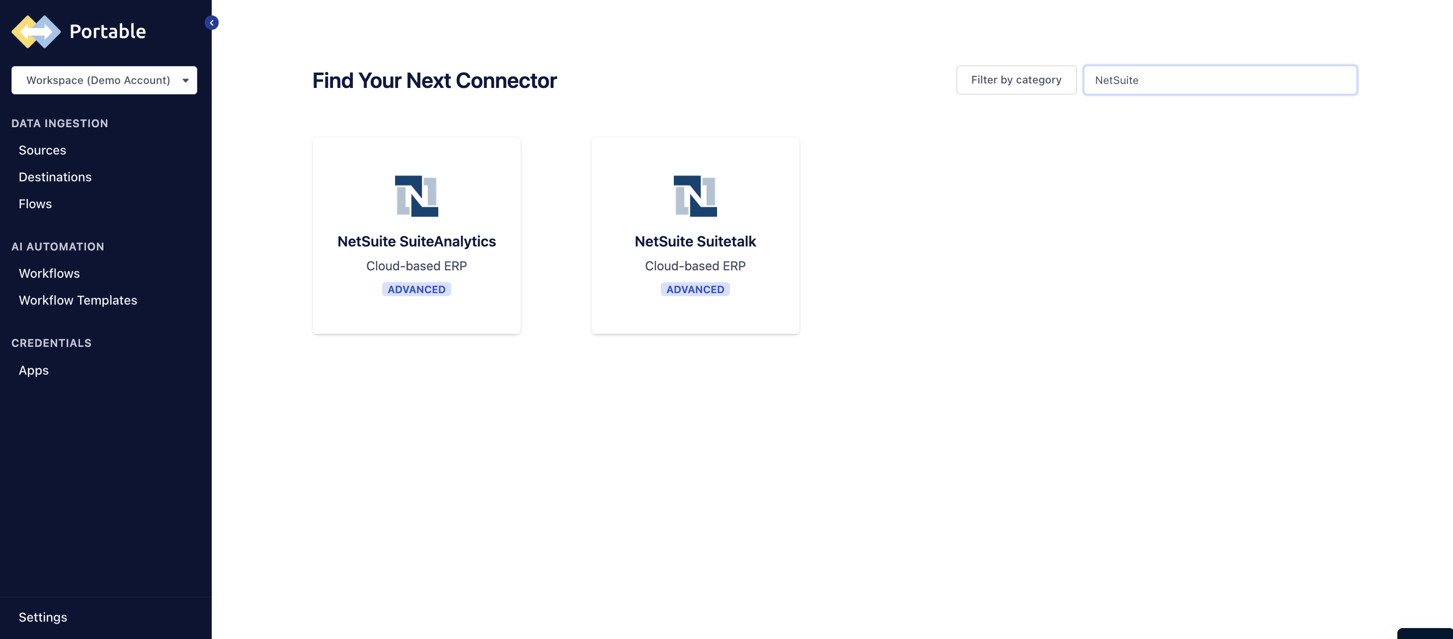 Find NetSuite SuiteAnalytics Source Connector in Portable Console